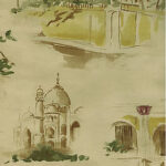 Oasis Ancient Desert Buildings Scenes on Beige Background Wallpaper   80-64251