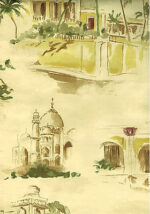 Oasis Ancient Desert Buildings Scenes on Cream Background Wallpaper   80-64252