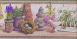 Ivy, Birdhouse, Pots on Crackled Gardening Shelf Wallpaper Border  DW95051B