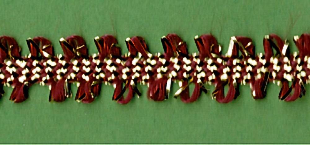 57-1175.jpg 5 Yards 3/8" Bright Gold, Cranberry Lightweight Double Loops Trim 26739C - Image 1