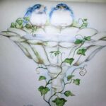 2 Fat Bluebirds at Birdbath with Rabbit and Florals - Vintage - BBOH1