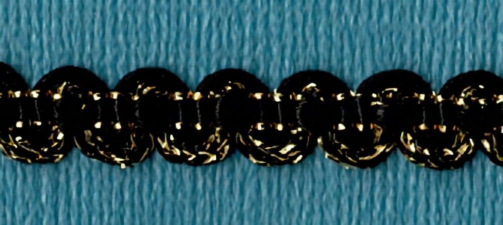 57-280.jpg 5 Yards 3/8" Black, Gold Rounded Ric Rac Look Gimp Trim 46540B - Image 1