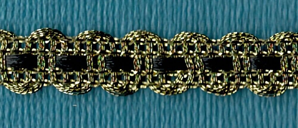 57-286.jpg 5 Yards 3/8" Double Scalloped Gold with Black Ribbon Gimp Trim 46324 - Image 1
