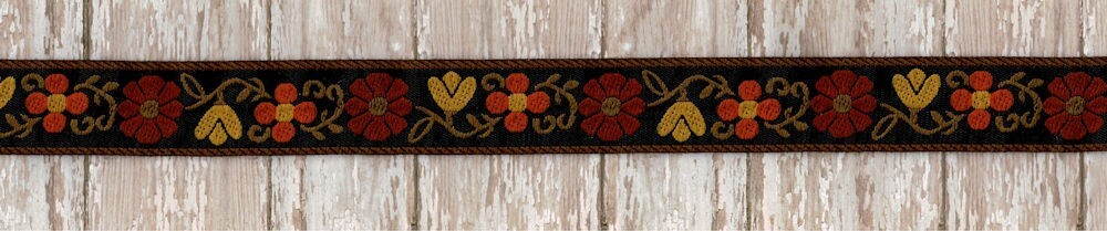 57-288.jpg 5 Yards 1/2" Oranges, Yellow, Brown on Black Jacquard Trim TR202 - Image 1