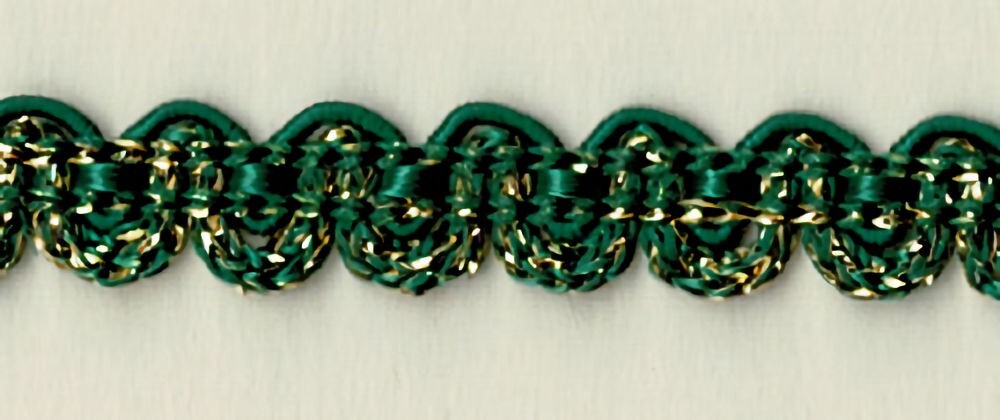 57-398.jpg 5 Yards 3/8" Dark Green, Gold Rounded Ric Rac Look Gimp Trim 46540AG - Image 1