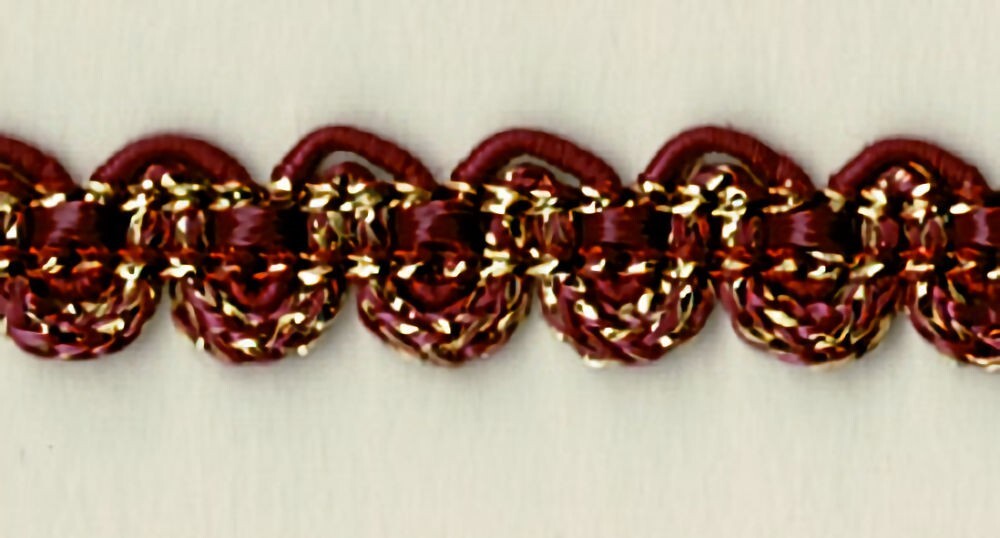 57-400.jpg 5 Yards 3/8" Cranberry, Gold Rounded Ric Rac Look Gimp Trim 46540A - Image 1