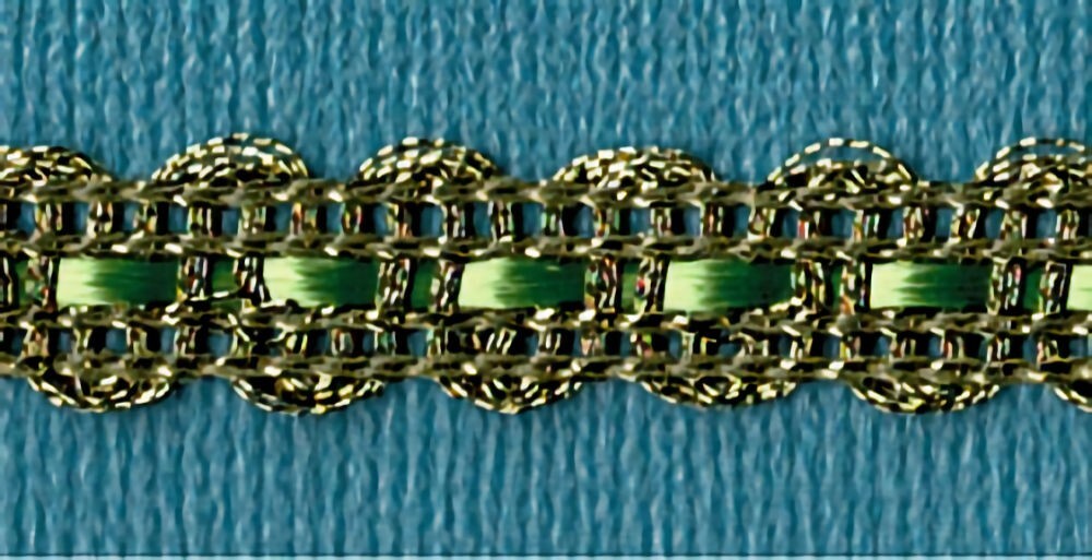 57-434.jpg 5 Yards 3/8" Antique Gold, Willow Green Double Scalloped with Ribbon Gimp 46323W - Image 1