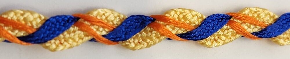 57-582.jpg 5 Yards 3/8" Blue, Orange, Golden Yellow Wrapped Ric Rac Trim 27632Y - Image 1