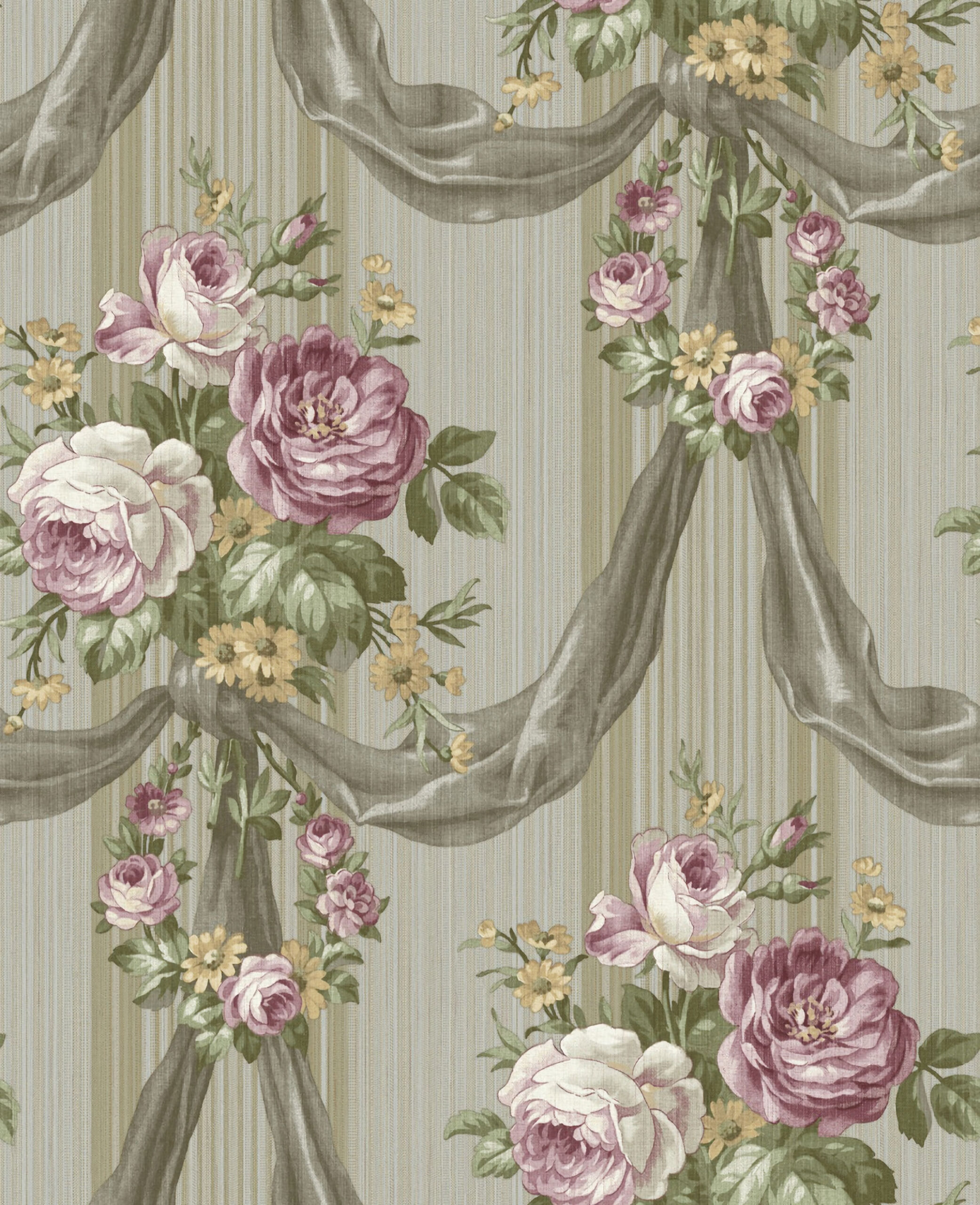 TX41109 Floral Bouquet, Garland, Drape Stripe Wallpaper - Purples, Greens - Wallquest - TX41109 - Image 1