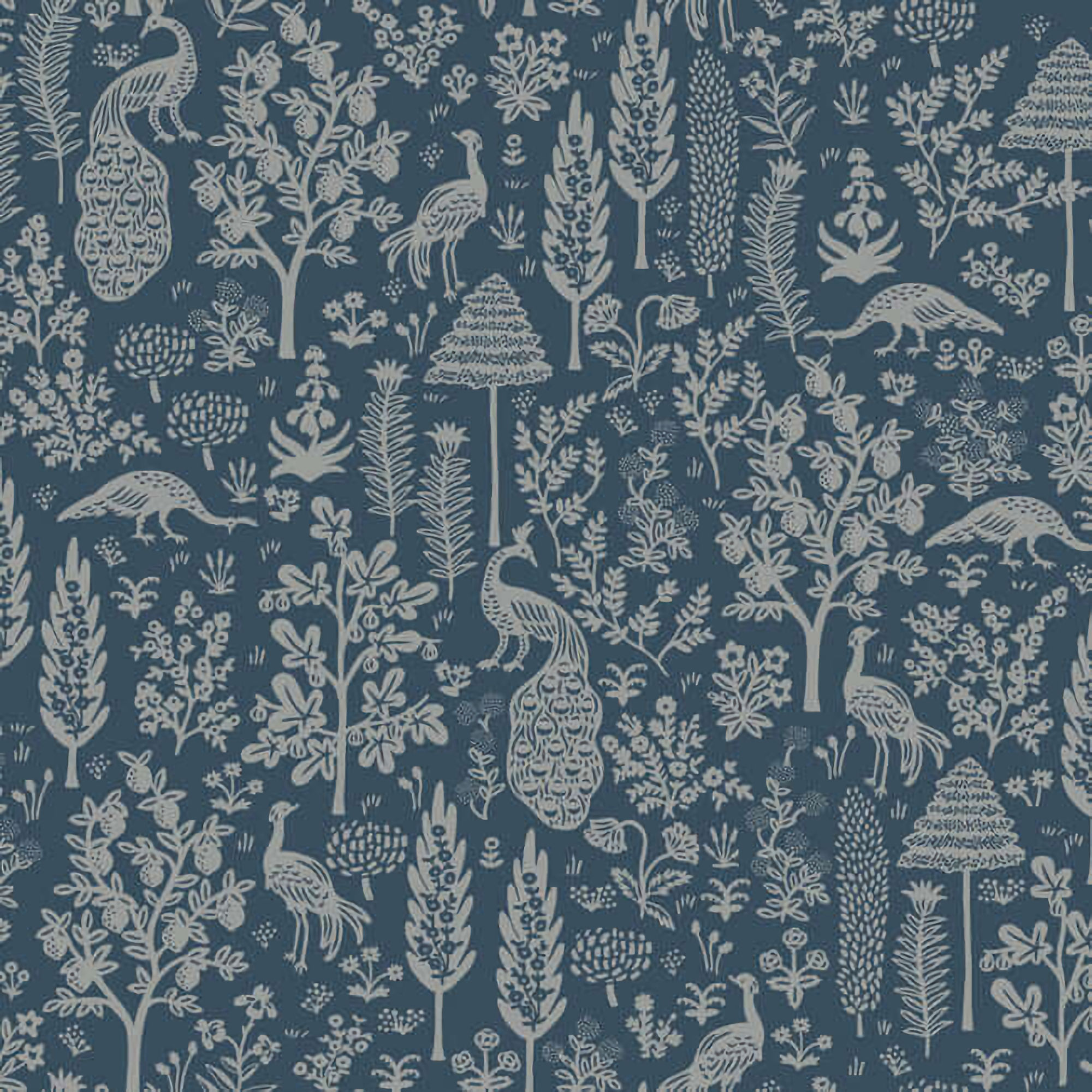 RP7372 Rifle Paper Menagerie Peacock Toile Wallpaper - Navy, Metallic Silver - York - RP7372 - Image 1