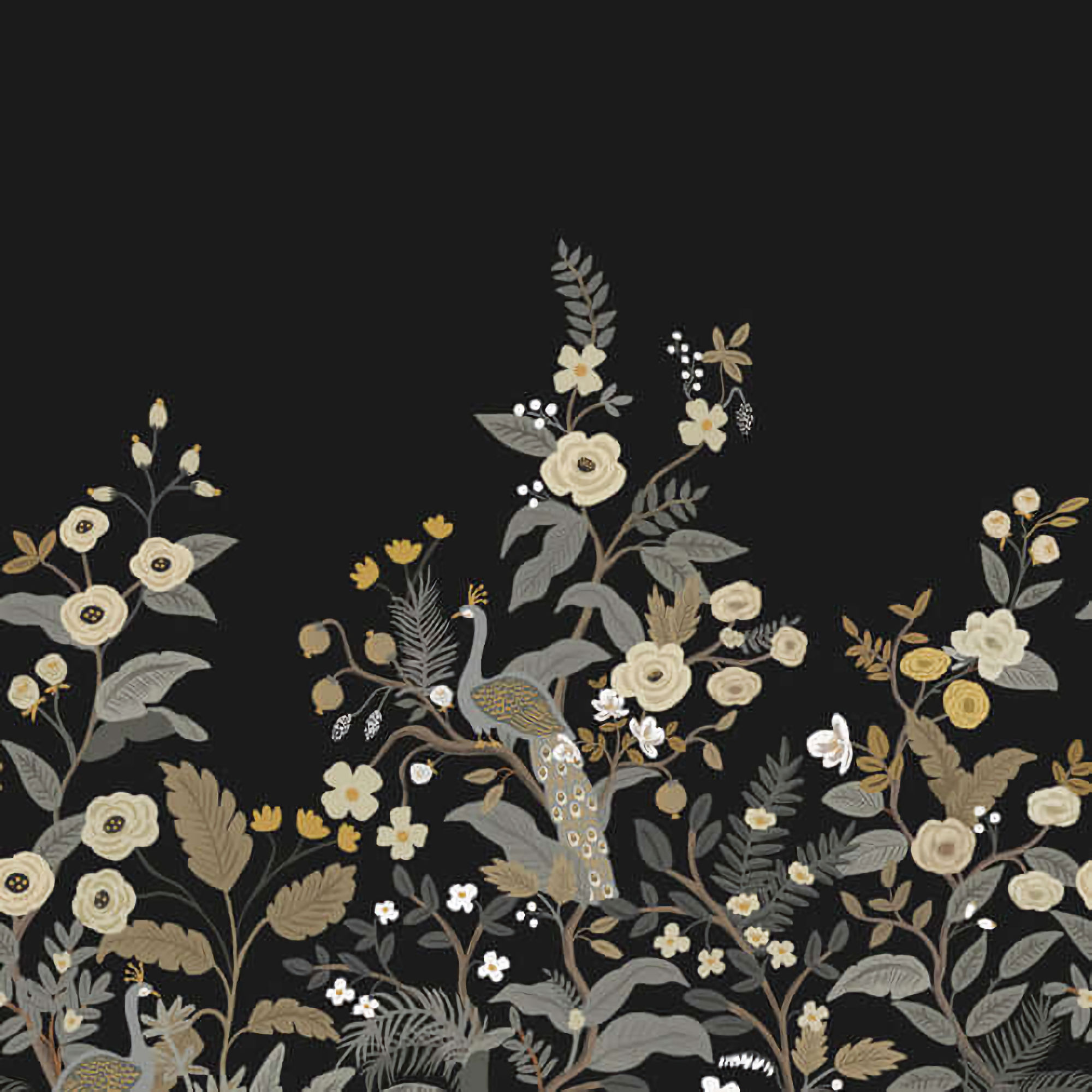 RP7399M Rifle Paper Peacock Floral Wallpaper Mural - Black, Neutrals - York - RP7399M - Image 1