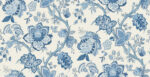 French Country Bernadette Linen Jacobean Floral Fabric - Porceline, Blues - Wallquest - FC62602F -  per Yard