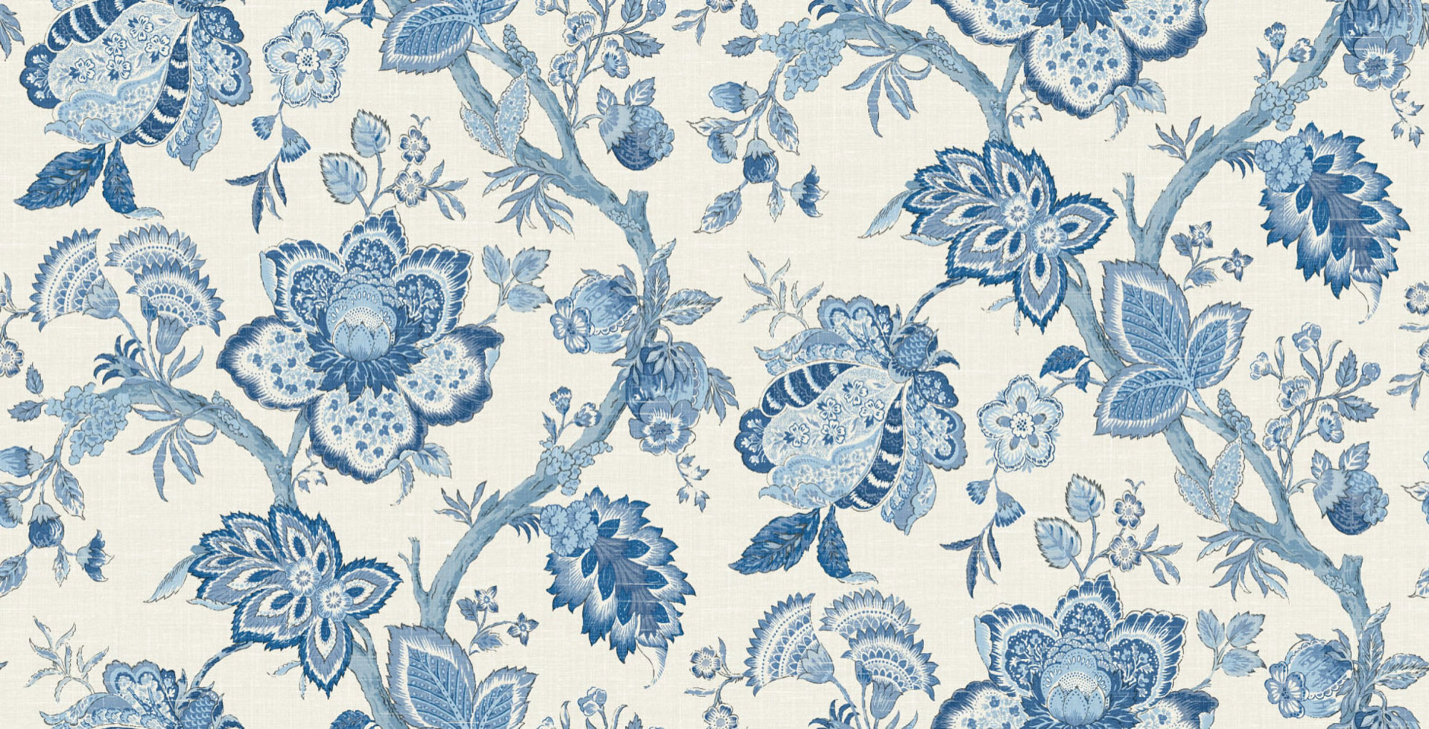 FC62602F French Country Bernadette Linen Jacobean Floral Fabric - Porceline, Blues - Wallquest - FC62602F - per Yard - Image 1