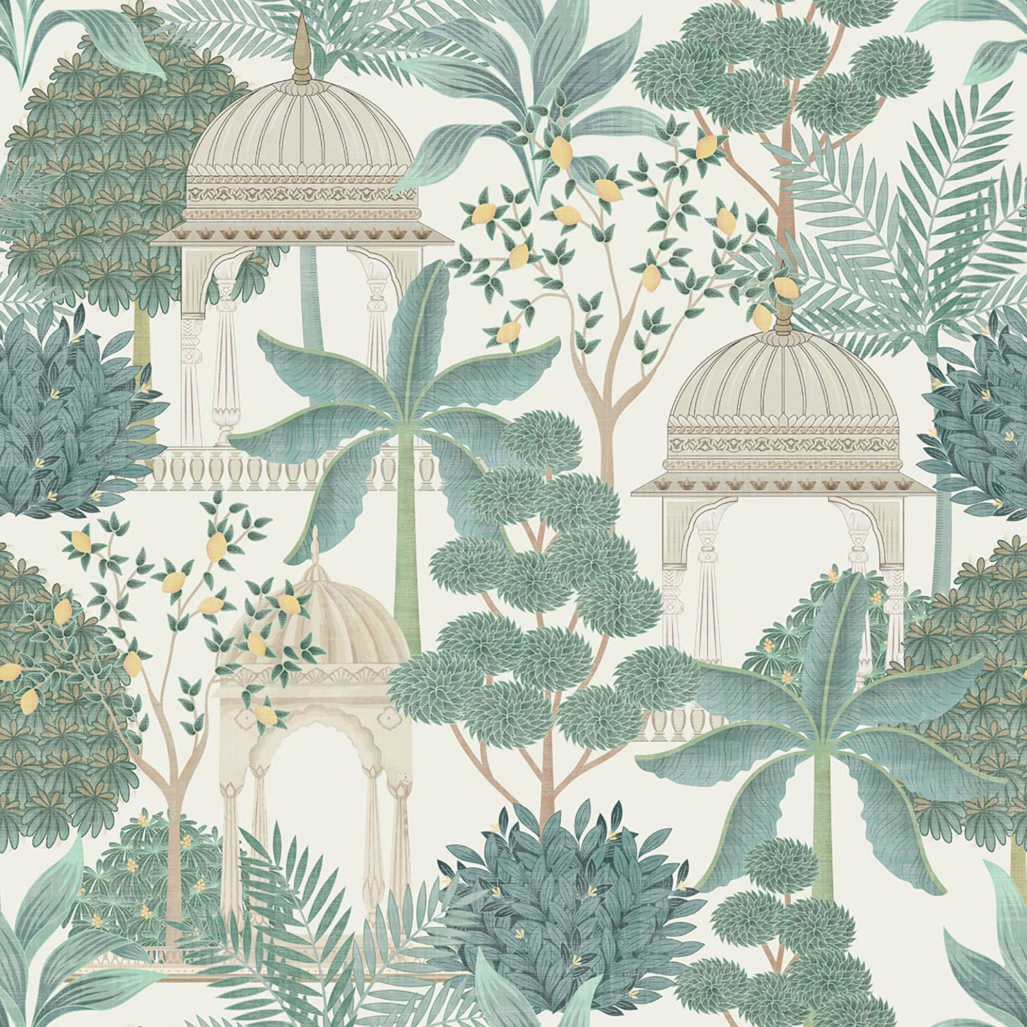 100015EH Heritage Tales - Esselle Exotic Pavilion Wallpaper - Parchment, Green, Multi - Seabrook - Wallquest - 100015EH - Image 1