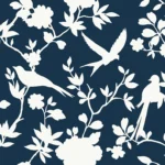 Lillian August Coastal Haven - Kauai Monochrome Birds, Floral Wallpaper - Type II 20 Oz. Vinyl - Blue Sea, Navy - Wallquest - LN40902
