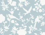 Lillian August Coastal Haven - Kauai Monochrome Birds, Floral Wallpaper - Type II 20 Oz. Vinyl - Iceberg Blue - Wallquest - LN40912