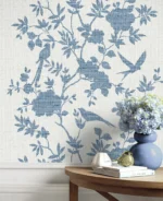 Lillian August Coastal Haven - Aloha Monochrome Birds, Floral Stripe Wallpaper - Type II 20 Oz. Vinyl - Lapis - Wallquest - LN41002 - Image 4