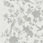 Lillian August Coastal Haven - Aloha Monochrome Birds, Floral Stripe Wallpaper - Type II 20 Oz. Vinyl - Gray Wave - Wallquest - LN41008